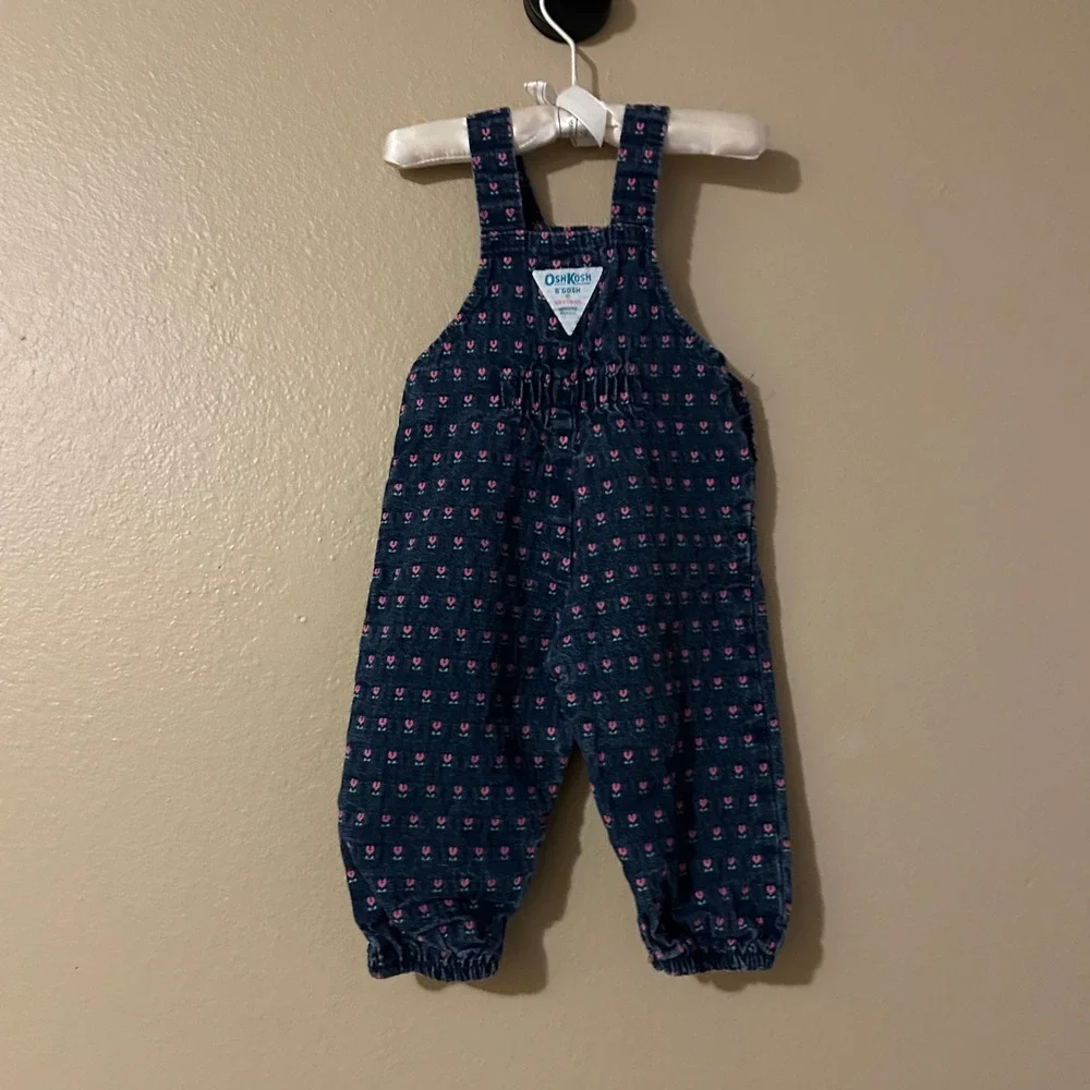 Vintage OshKosh B'Gosh Denim Vestbak Pink Tulip Floral Embroidered Overalls 6-9M